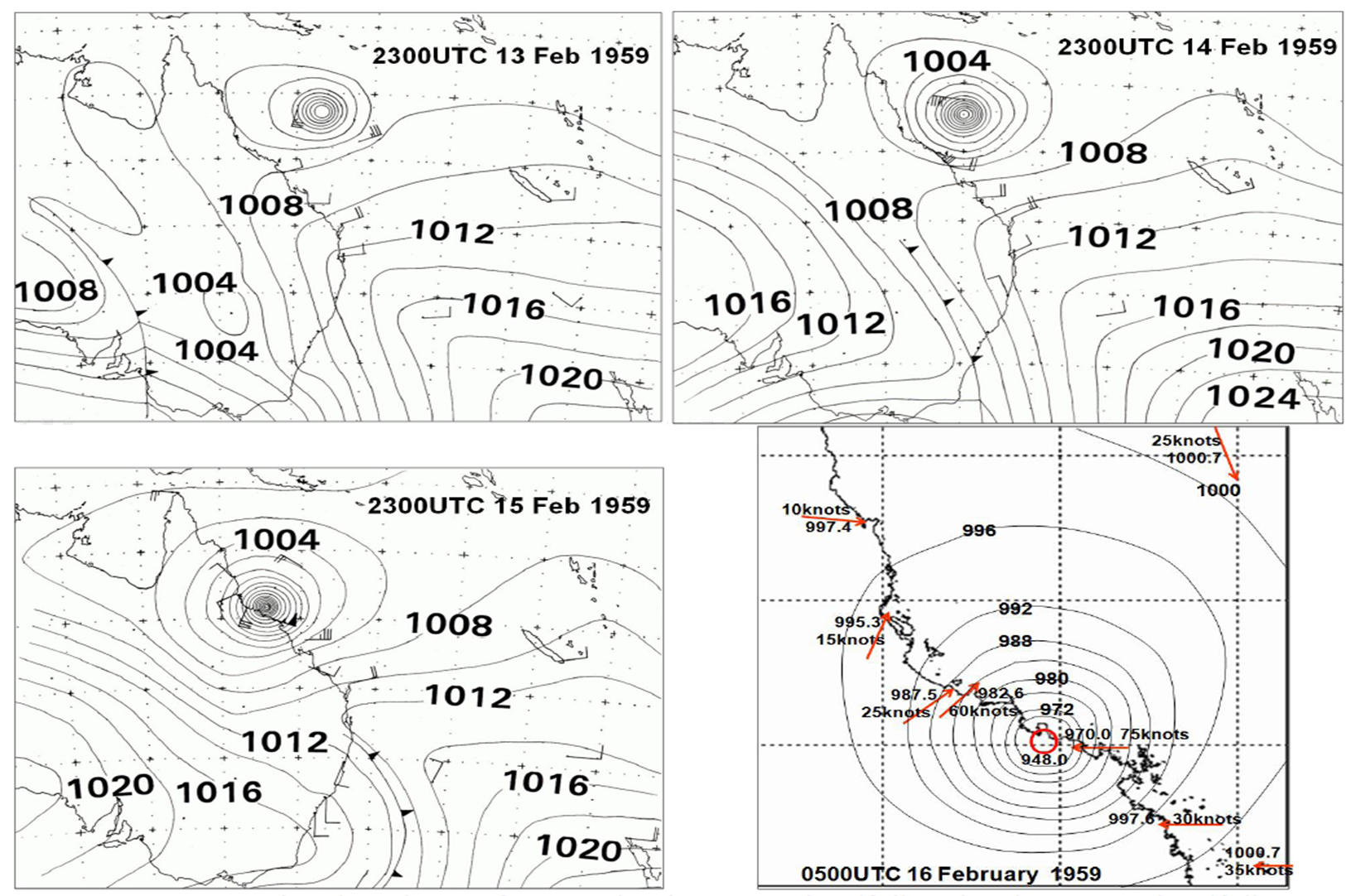 Mean sea level analyses of 1959 Cyclone Connie leading up to landfall and a close up at landfall